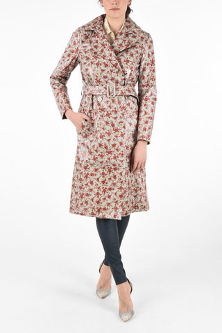 Floral Printed Leather Double Breasted Trench with Belt