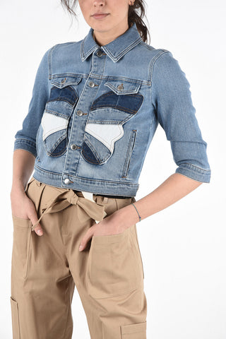 Denim Crop Jacket with Butterfly Patch
