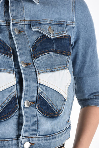 Denim Crop Jacket with Butterfly Patch