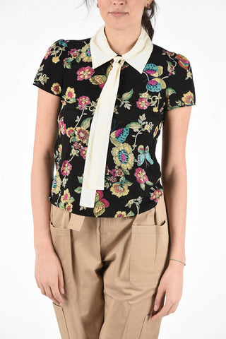 Floral Printed Silk Blouse with Bow Neck 