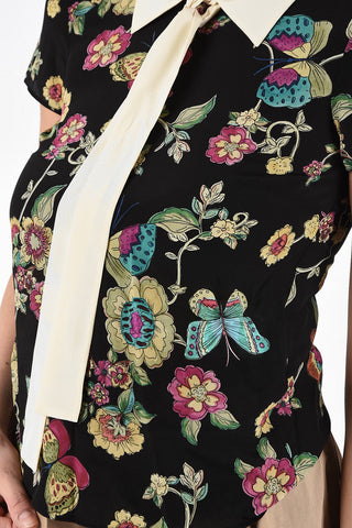 Floral Printed Silk Blouse with Bow Neck 