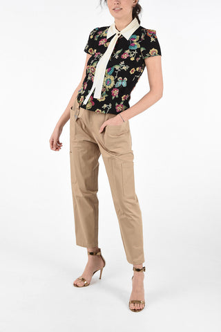 Floral Printed Silk Blouse with Bow Neck 