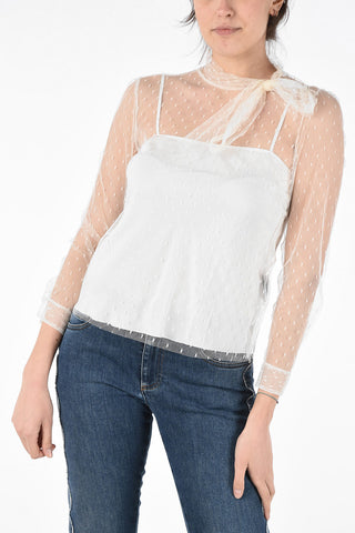 Tulle Polka Dot Blouse with Bow Neck 