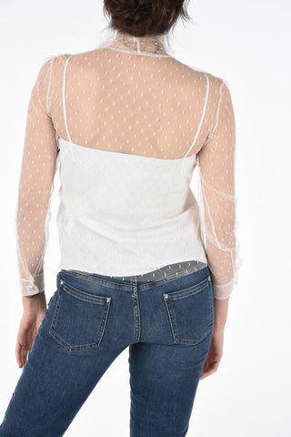 Tulle Polka Dot Blouse with Bow Neck 