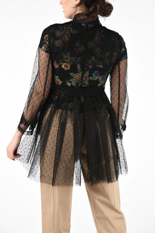 Tulle Double-Breasted Trench with Belt