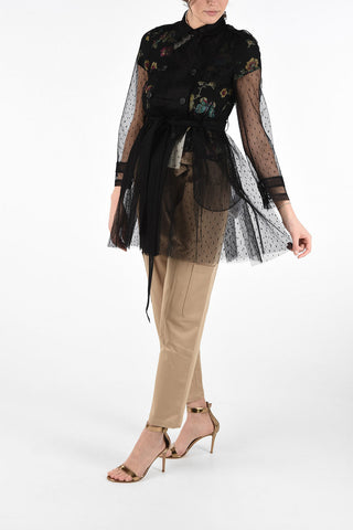Tulle Double-Breasted Trench with Belt