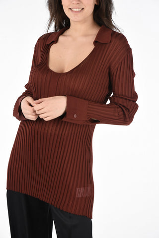 Silk Ribbed Slim Fit Sweater with Wide Neckline