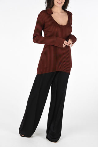 Silk Ribbed Slim Fit Sweater with Wide Neckline