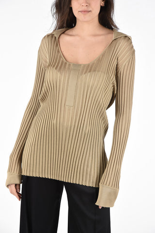 Silk Ribbed Slim Fit Sweater with Wide Neckline