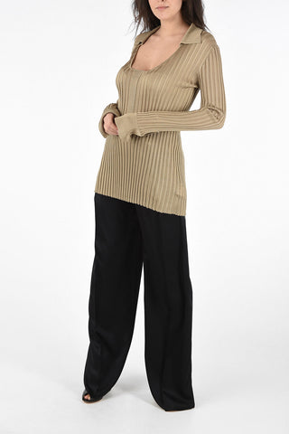 Silk Ribbed Slim Fit Sweater with Wide Neckline