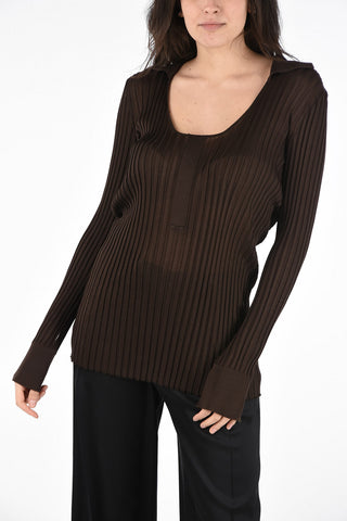 Silk Ribbed Slim Fit Sweater with Wide Neckline