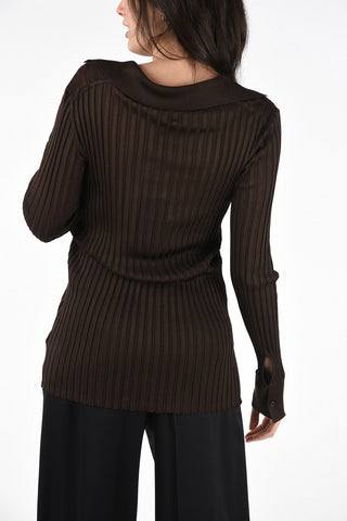 Silk Ribbed Slim Fit Sweater with Wide Neckline