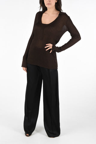 Silk Ribbed Slim Fit Sweater with Wide Neckline