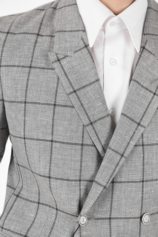 CC COLLECTION tattersall check Virgin Wool and Flax peak lapel double-breasted RESET blazer drop 8R