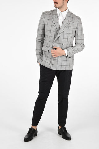 CC COLLECTION tattersall check Virgin Wool and Flax peak lapel double-breasted RESET blazer drop 8R