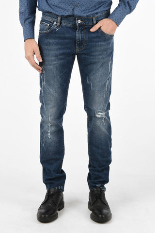 Distressed Skinny Fit Jeans with Leather Monogram Patch 17 Cm
