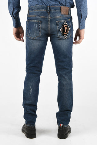 Distressed Skinny Fit Jeans with Leather Monogram Patch 17 Cm