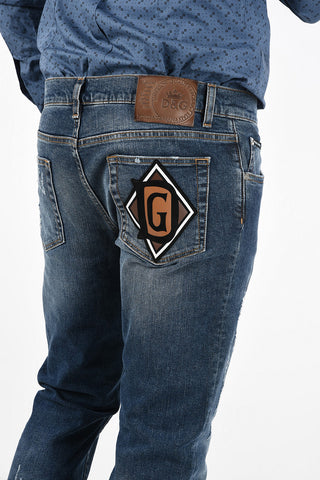 Distressed Skinny Fit Jeans with Leather Monogram Patch 17 Cm