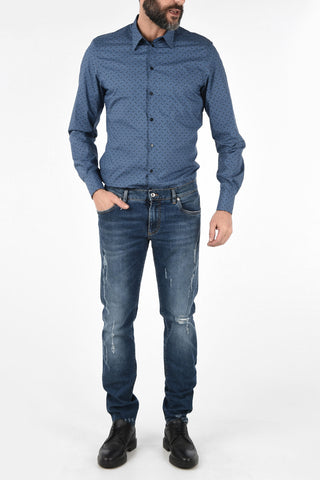 Distressed Skinny Fit Jeans with Leather Monogram Patch 17 Cm