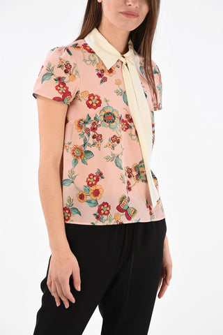 Blusa in Seta a Stampa Floreale con Fiocco