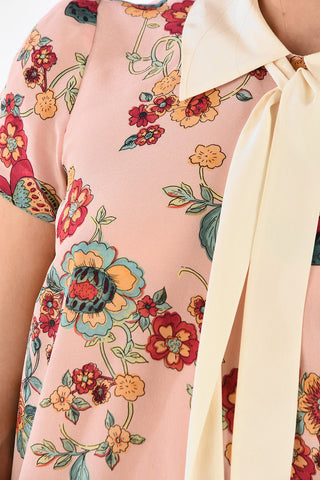 Blusa in Seta a Stampa Floreale con Fiocco