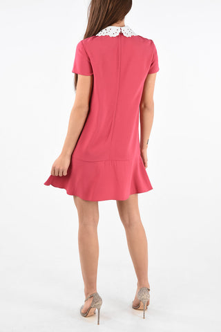 Short Sleeve Embroidered Neck Mini Dress with Bow
