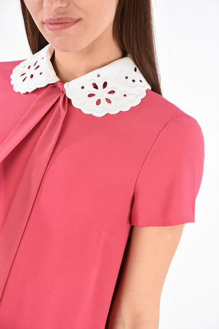 Short Sleeve Embroidered Neck Mini Dress with Bow