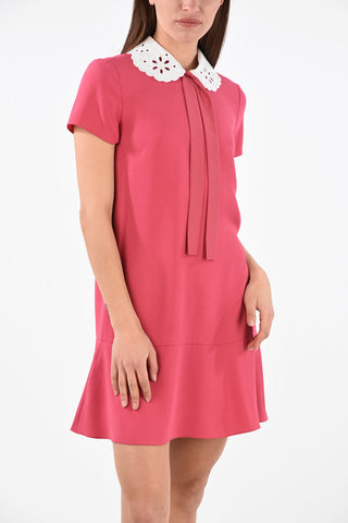 Short Sleeve Embroidered Neck Mini Dress with Bow