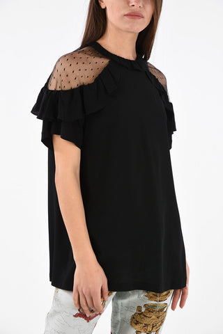 Blend Silk Draped Blouse with Tulle Shoulders