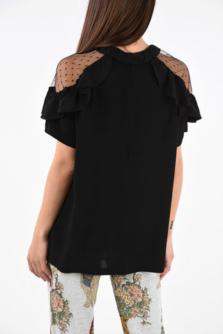 Blend Silk Draped Blouse with Tulle Shoulders