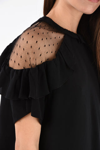Blend Silk Draped Blouse with Tulle Shoulders