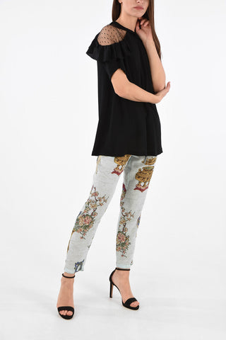 Blend Silk Draped Blouse with Tulle Shoulders