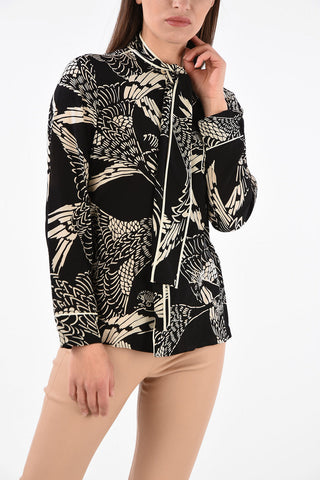 Printed Silk Tie Neck Shirt with Hidden Button Closure 