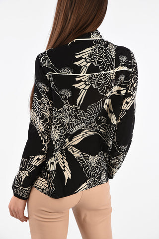 Printed Silk Tie Neck Shirt with Hidden Button Closure 