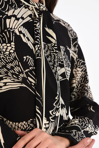 Printed Silk Tie Neck Shirt with Hidden Button Closure 