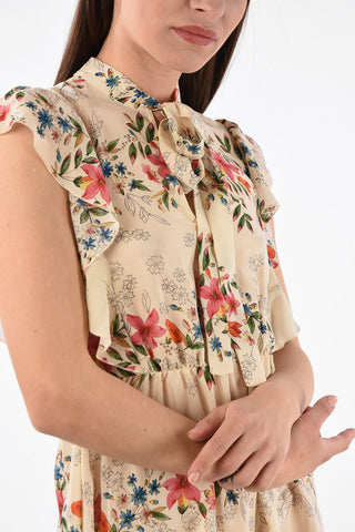 Silk Floral Print Mini Dress with Bow Neck Detail