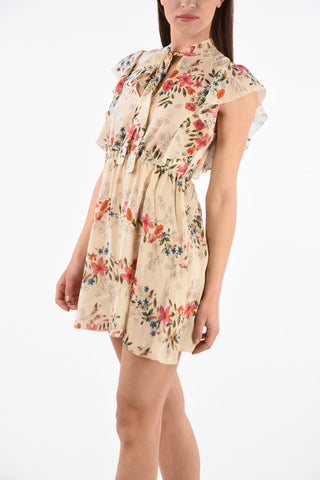Silk Floral Print Mini Dress with Bow Neck Detail
