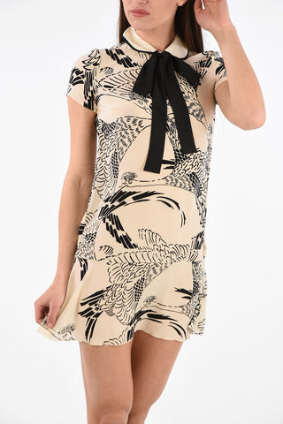 Printed Silk Mini Dress with Bow Neck