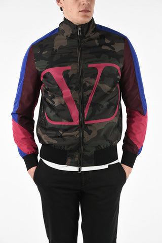 logo print full zip camuflage bomber