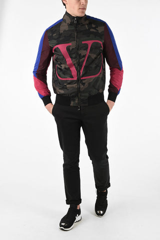 logo print full zip camuflage bomber