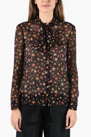 camicia tie-neck sheer stampa stelle