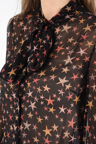 camicia tie-neck sheer stampa stelle