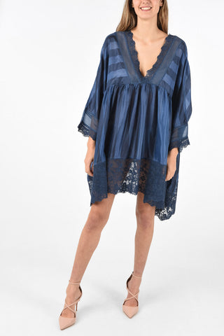 awning striped silk dress with Lace Details