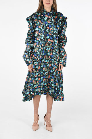 floral-print silk Volant sleeve Tie Neck dress