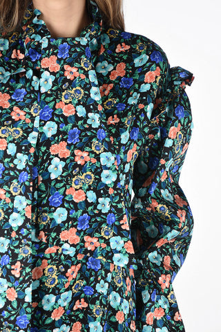 floral-print silk Volant sleeve Tie Neck dress