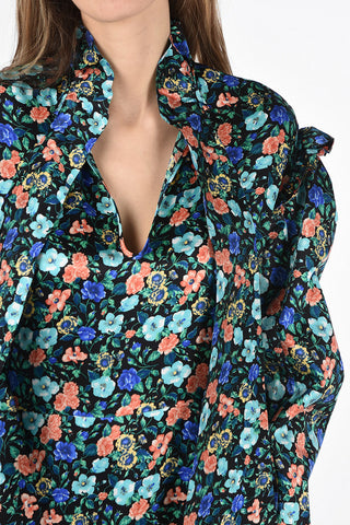 floral-print silk Volant sleeve Tie Neck dress