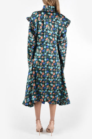 floral-print silk Volant sleeve Tie Neck dress