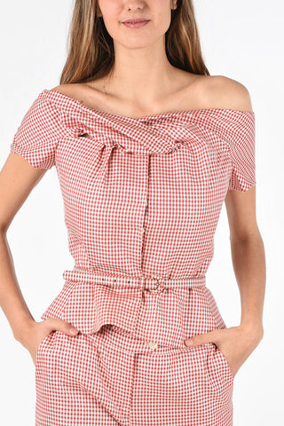 shephard's check bateau neckline top with Belt
