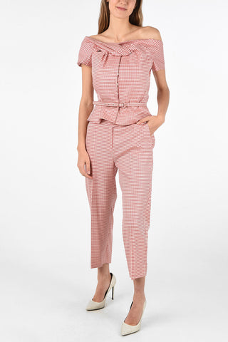 shephard's check bateau neckline top with Belt