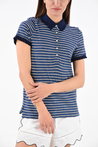 unbalanced striped polo top with Pearls Buttons